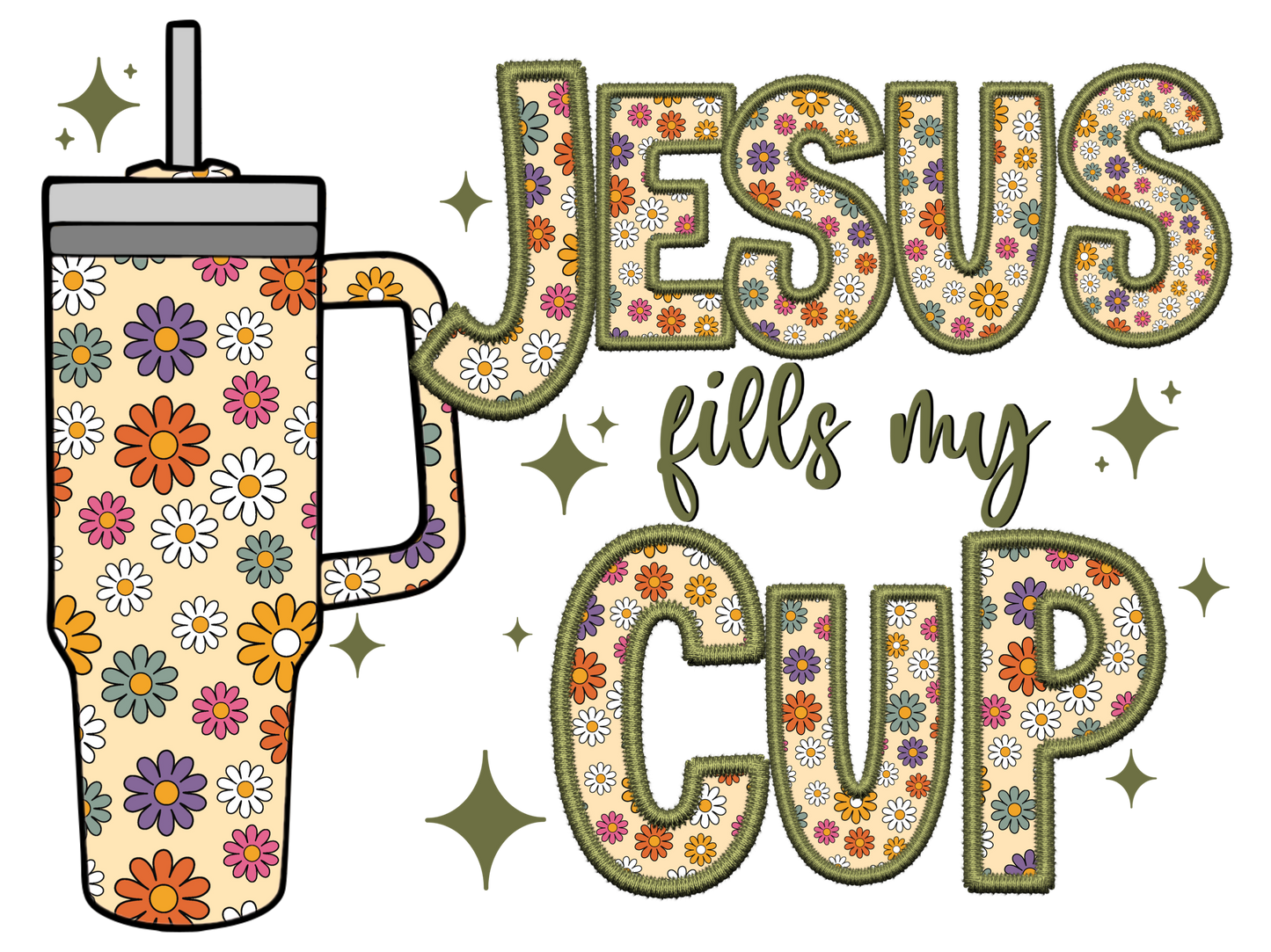 Jesus fills cup faux embroidery