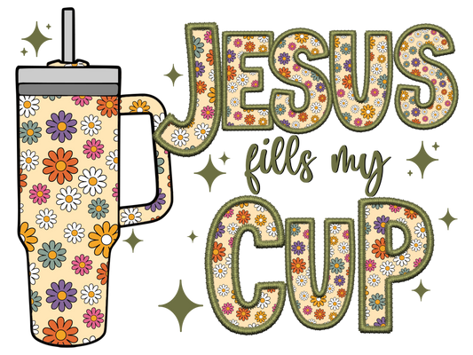 Jesus fills cup faux embroidery