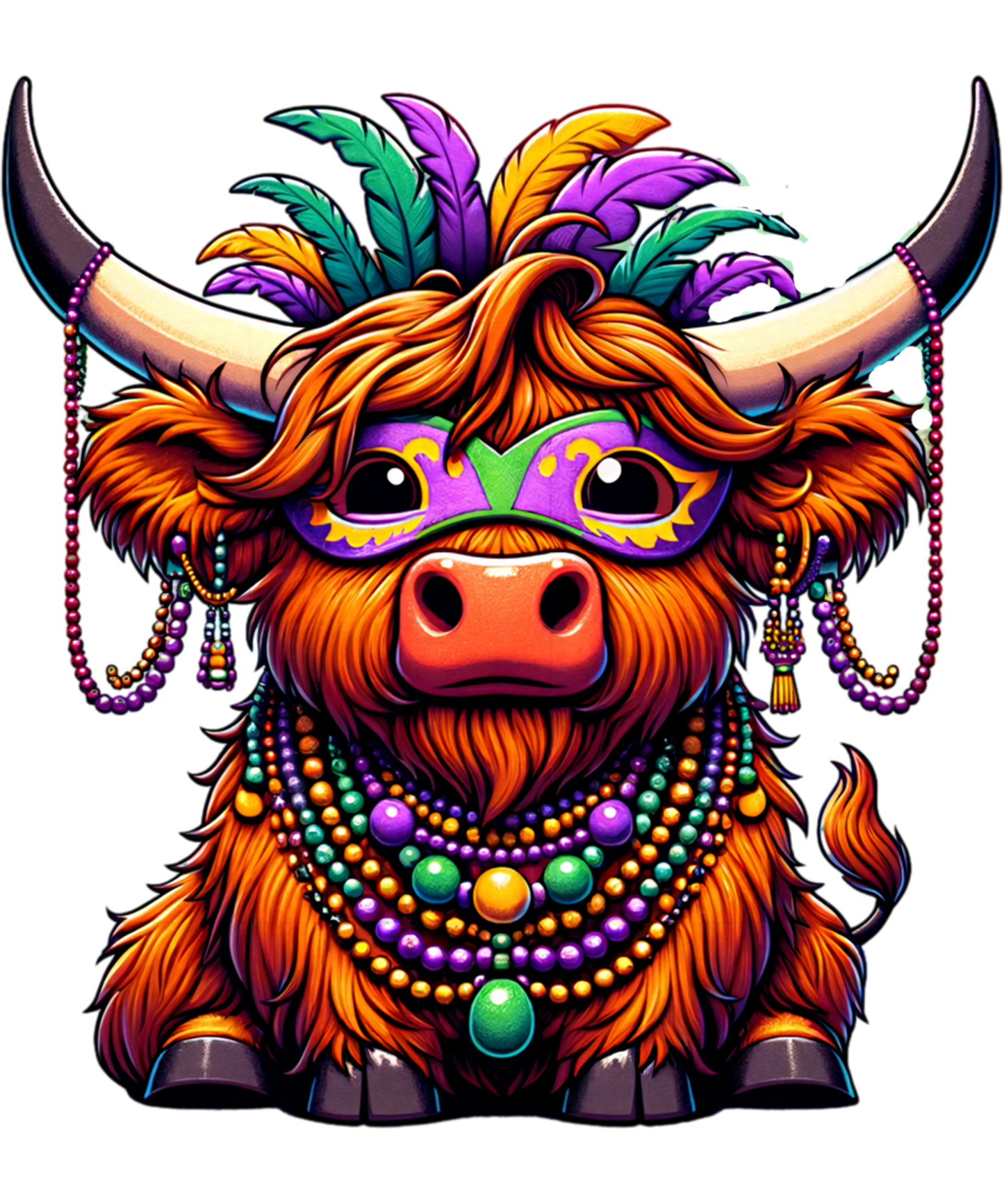 Mardi Gras 612 - Mardi Gras Highland Cow Wearing Costume Beads Sweatshirt