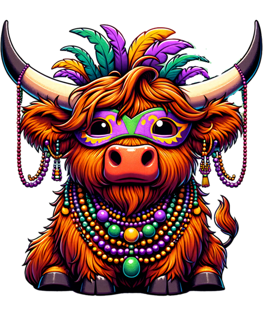 Mardi Gras 612 - Mardi Gras Highland Cow Wearing Costume Beads Sweatshirt