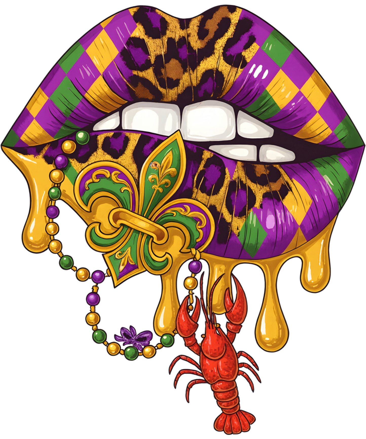 Mardi Gras 623 - Mardi Gras Lips Leopard With Crawfish Beads Funny Carnival Sweatshirt
