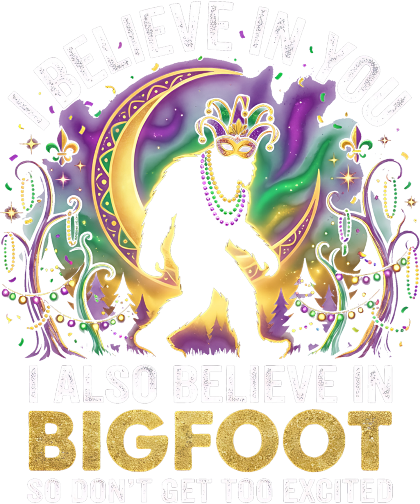 Mardi Gras 396 - Funny I Believe In Bigfoot Mardi Gras Forest Retro Humor Sweatshirt (2)