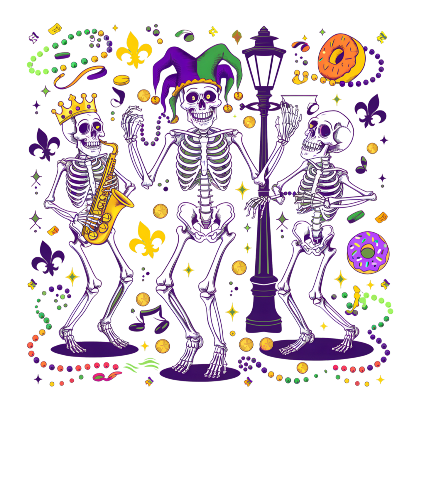 Mardi Gras 854 - Merch Mardi Gras Party Carnaval Parade Jester Dancing Skeleton Long Sleeve T Shirt
