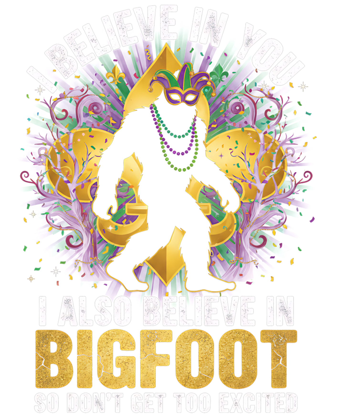 Mardi Gras 395 - Funny I Believe In Bigfoot Mardi Gras Forest Retro Humor Sweatshirt (1)
