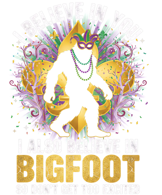 Mardi Gras 395 - Funny I Believe In Bigfoot Mardi Gras Forest Retro Humor Sweatshirt (1)